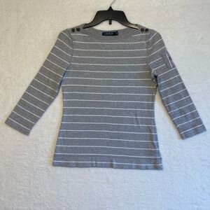 Lauren Ralph Lauren Striped Boat Neck Long Sleeve Top Size M Gray White